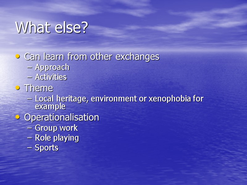What else? Can learn from other exchanges Approach Activities Theme Local heritage, environment or